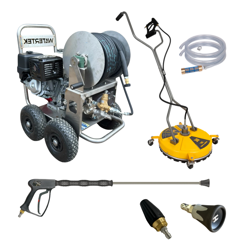 Watertek Honda GX390 40m Reel / Mazzoni Pressure Washer Bundle